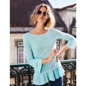 Boden Linen Flare Blue Ruffle Knit Top Coastal Boho Long Sleeve Women’s XL